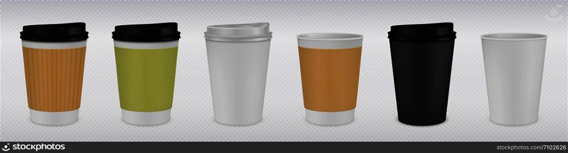 Realistic paper coffee cup. White and brown 3D mug mock up for hot drinks on transparent background. Vector illustration design black plastic tea cup. Realistic paper coffee cup. White and brown 3D mug mock up for hot drinks on transparent background. Vector plastic tea cup