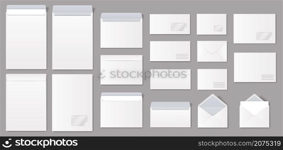Realistic paper envelopes, white blank mailing envelope with letter. Open and closed envelopes in different sizes vector mockup set. Front and back view of objects for correspondence. Realistic paper envelopes, white blank mailing envelope with letter. Open and closed envelopes in different sizes vector mockup set