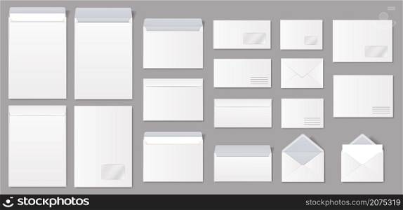 Realistic paper envelopes, white blank mailing envelope with letter. Open and closed envelopes in different sizes vector mockup set. Front and back view of objects for correspondence. Realistic paper envelopes, white blank mailing envelope with letter. Open and closed envelopes in different sizes vector mockup set