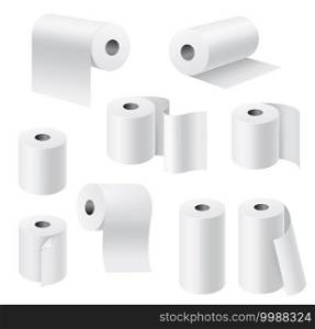 Realistic paper rolls. 3d white towel, toilet tissue on cardboard cylinder, hygiene products kitchen and bathroom accessories collection, different angle view, unwound pieces. Vector isolated set. Realistic paper rolls. 3d white towel, toilet tissue on cardboard cylinder, hygiene products kitchen and bathroom accessories, different angle view, unwound pieces vector set