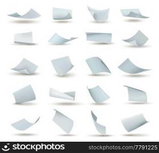 Realistic paper set of flying blank white sheets with curved corners isolated vector illustration. Realistic Paper Set