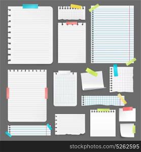 Realistic Paper Set. Realistic blank paper sheets on different size and shape stuck with colorful tape on grey background isolated vector illustration
