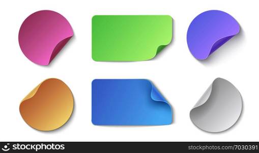 Realistic paper stickers. Round and rectangular colored price tags, memo stickers design template bent closeup. Vector labels with folded corners. Realistic paper stickers. Round and rectangular colored price tags, memo stickers design template. Vector labels with folded corners