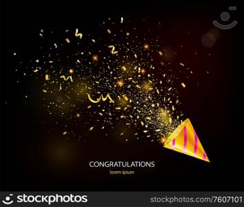 Realistic party popper exploding with golden serpentine and sparkles on dark background vector illustration
