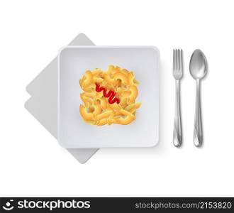 Realistic pasta on white plate. Italian restaurant dish with metallic cutlery. Isolated cafe menu vector element. Illustration of realistic plate with pasta. Realistic pasta on white plate. Italian restaurant dish with metallic cutlery. Isolated cafe menu vector element