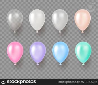 Realistic pastel colors air balloons. Various festive events elements, party decor objects, gentle gamma, gray, blue and pink. Vector set. Pastel color balloons. Various festive events elements, party decor objects, gentle gamma, gray, blue and pink. Vector set