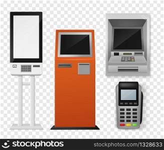 Realistic payment terminal. Atm and self-ordering kiosk, pos payment machine, debit credit card interactive financial 3d vector device mockups. Realistic payment terminal. Atm and self-ordering kiosk, pos payment machine, debit credit card interactive financial 3d vector mockups