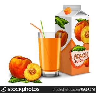 Realistic peach juice glass with cocktail straw and paper pack isolated on white background vector illustration