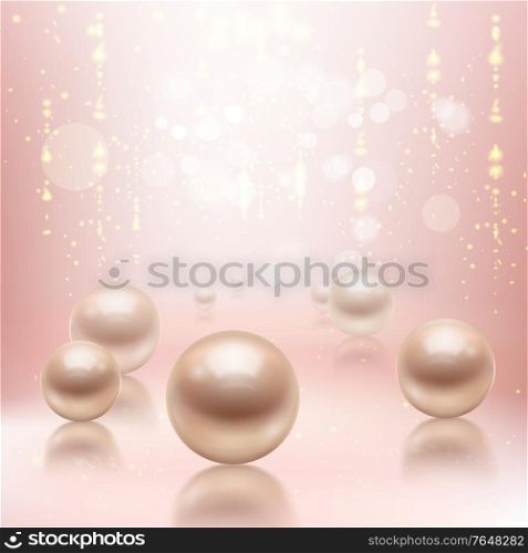 Realistic pearls background composition with big pearl beads on glossy surface with reflections and flare lights vector illustration
