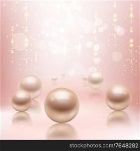 Realistic pearls background composition with big pearl beads on glossy surface with reflections and flare lights vector illustration