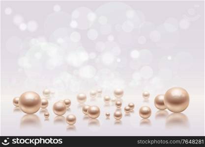Realistic pearls background composition with images of pearl beads of different size and blurred flare lights vector illustration