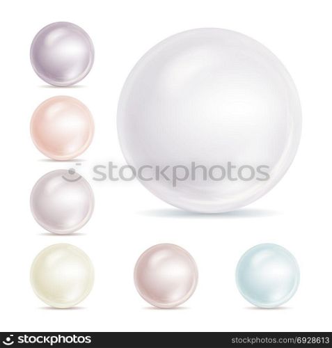 Realistic Pearls Isolated Vector. Set 3d Shiny Oyster Pearl Ball For Luxury Accessories. Sphere Shiny Sea Pearl Illustration. Realistic Pearls Isolated Vector. Sphere Shiny Sea Peach Cream Pearl Illustration