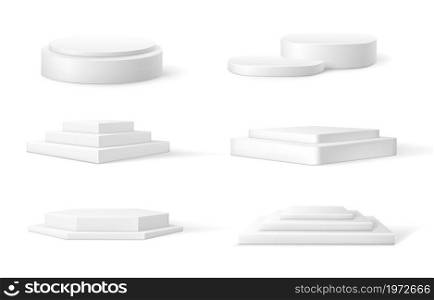 Realistic pedestal. 3D white empty podium. Cylinder winner stage and round presentation blank platform. Isolated geometric square or polygonal exhibition base mockup for event. Vector scene stands set. Realistic pedestal. 3D white empty podium. Cylinder winner stage and round presentation platform. Geometric square or polygonal exhibition base mockup for event. Vector scene stands set
