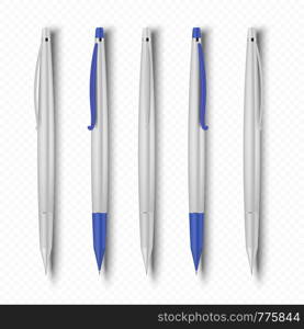 Realistic pen. 3D white plastic office pen, school and work stationery or corporate identity mockup element. Vector isolated image pen on transparent background. Realistic pen. 3D white plastic office pen, school and work stationery or corporate identity mockup element. Vector isolated pen