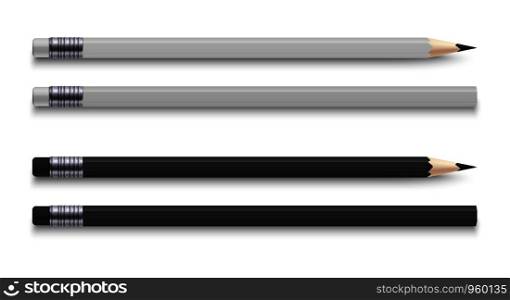 Realistic pencils with eraser. Sharpened wooden black and white colour graphite sharpened pencil. Vector illustration office stationery set. Realistic pencils with eraser. Sharpened wooden black and white graphite sharpened pencil. Vector illustration office stationery