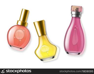 Realistic perfume bottles. Flasks with scents, glass bottles different forms with colorful liquid yellow and pink, bright effects. Fragrances with spray, female cosmetic 3d mockup vector isolated set. Realistic perfume bottles. Flasks with scents, glass bottles different forms with colorful liquid yellow and pink. Fragrances with spray, female cosmetic 3d mockup vector isolated set