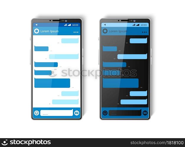 Realistic phone screen chat. Text messages communication app, light and dark color schemes, social media ui design, displays vector concept of technology chatting application. Realistic phone screen chat. Text messages communication app, light and dark color schemes, social media ui design, displays. Vector concept