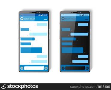 Realistic phone screen chat. Text messages communication app, light and dark color schemes, social media ui design, displays vector concept of technology chatting application. Realistic phone screen chat. Text messages communication app, light and dark color schemes, social media ui design, displays. Vector concept