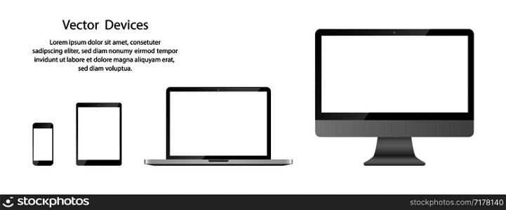 Realistic Phone, Tablet, Laptop and Computer monitor with white screen on blank background. Eps10. Realistic Phone, Tablet, Laptop and Computer monitor with white screen on blank background