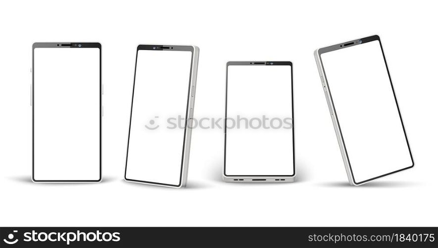 Realistic phone white mockup. Different angles perspective telephone template, 3d mobile device mockup, simple smartphone display and screen design vector set. Realistic phone white mockup. Different angles perspective telephone template, 3d mobile device mockup, simple smartphone design. Vector set