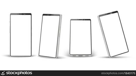 Realistic phone white mockup. Different angles perspective telephone template, 3d mobile device mockup, simple smartphone display and screen design vector set. Realistic phone white mockup. Different angles perspective telephone template, 3d mobile device mockup, simple smartphone design. Vector set