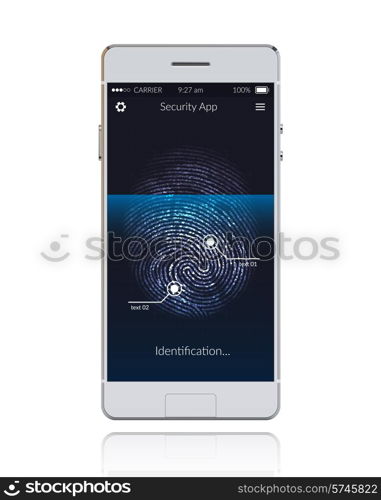 Realistic phone with mobile security application scanning fingerprints vector illustration