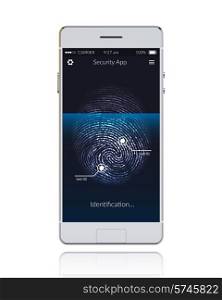 Realistic phone with mobile security application scanning fingerprints vector illustration