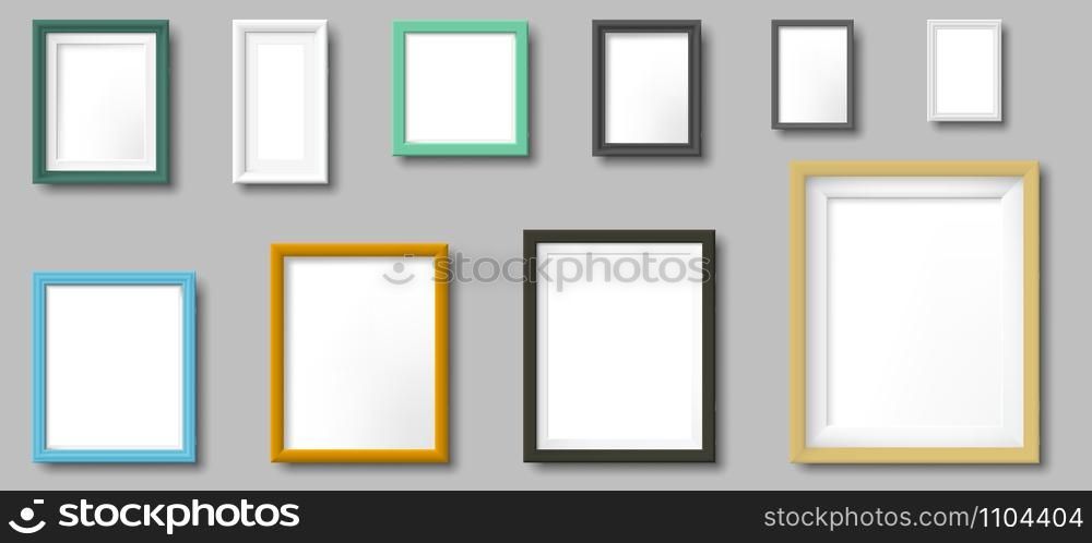 Realistic photo frame. Square and rectangular frames, photos on wall template. Photo border, photography portrait frame colorful signs. Isolated 3D realistic vector icons set. Realistic photo frame. Square and rectangular frames, photos on wall template 3D realistic vector set