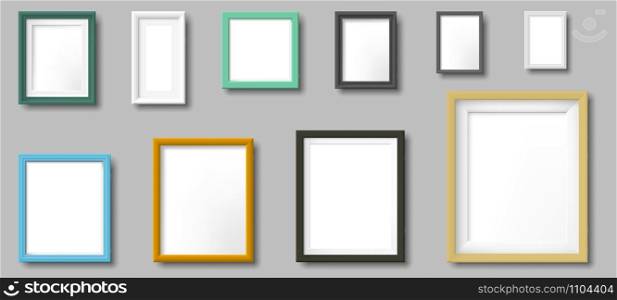 Realistic photo frame. Square and rectangular frames, photos on wall template. Photo border, photography portrait frame colorful signs. Isolated 3D realistic vector icons set. Realistic photo frame. Square and rectangular frames, photos on wall template 3D realistic vector set