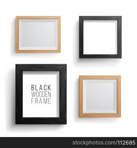 Realistic Photo Frame Vector Set. Collection Of Empty Blank. Realistic Picture Frame On The White Wall. Design Template For Mock Up.. Realistic Photo Frame Vector Set. Collection Of Empty Blank. Realistic Picture Frame On The White Wall. Template For Mock Up.