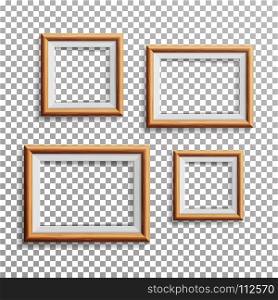 Realistic Photo Frame Vector. Set Square, A3, A4 Sizes Light Wood Blank Picture Frame, Hanging On Transparent Background From The Front. Design Template For Mock Up.. Realistic Photo Frame Vector. Set Square, A3, A4 Sizes Light Wood Blank Picture Frame, Hanging On Transparent Background From The Front. Template For Mock Up.