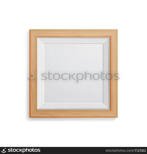 Realistic Photo Frame Vector. Square Light Wood Blank Picture Frame, Hanging On White Wall From The Front. Design Template For Mock Up.. Realistic Photo Frame Vector. Square Light Wood Blank Picture Frame, Hanging On White Wall From The Front. Template For Mock Up.