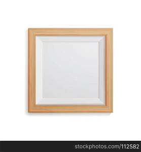 Realistic Photo Frame Vector. Square Light Wood Blank Picture Frame, Hanging On White Wall From The Front. Design Template For Mock Up.. Realistic Photo Frame Vector. Square Light Wood Blank Picture Frame, Hanging On White Wall From The Front. Template For Mock Up.