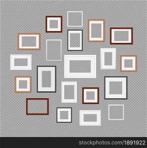 Realistic photo frames. Different format empty picture frames wooden, plastic and metal, wall decor objects group, simple mockup, exhibition in gallery, vector isolated on transparent background set. Realistic photo frames. Different format empty picture frames wooden, plastic and metal, wall decor objects group, simple mockup, exhibition in gallery, vector isolated set