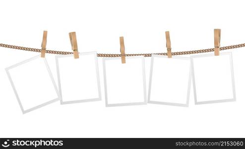 Realistic photo frames. Frame hanging on wooden clothespins on rope. Modern stylish for interior design, isolated scandinavian home accessory vector template. Illustration blank empty photo picture. Realistic photo frames. Frame hanging on wooden clothespins on rope. Modern stylish decorative element for interior design, isolated scandinavian home accessory vector template