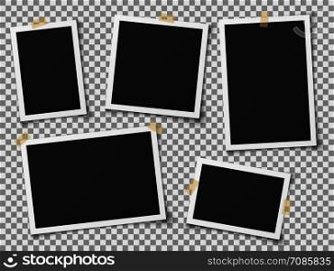 Realistic photo frames. Vintage empty photos frame with adhesive tapes. Images on wall, retro memory album. White blank square old card for photograph memories vector template. Realistic photo frames. Vintage empty photos frame with adhesive tapes. Images on wall, retro memory album. Vector template