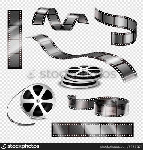 Realistic Photographic Strips And Film Reels. Realistic straight and twisted photographic strips and film reels 3d set on transparent background isolated vector illustration