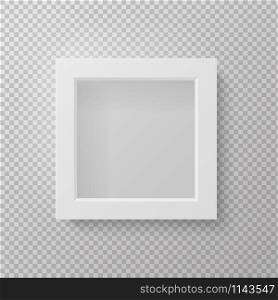 Realistic picture frame. Square empty 3d isolated grey mockup front view on wall. Vector white poster on transparent background. Realistic picture frame front view. Square empty 3d mockup. Vector white poster