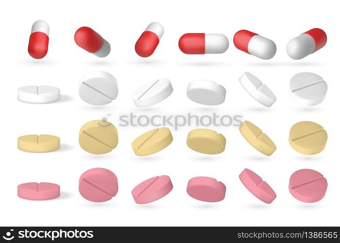 Realistic pill. 3D isometric flying drugs isolated on white, closeup of medical supplements. Vector medicament set, isolated pills forms in various positions. Realistic pill. 3D isometric flying drugs isolated on white, closeup of medical supplements. Vector medicament set