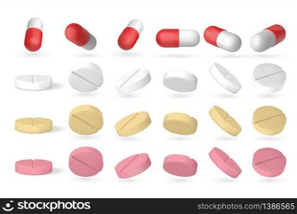 Realistic pill. 3D isometric flying drugs isolated on white, closeup of medical supplements. Vector medicament set, isolated pills forms in various positions. Realistic pill. 3D isometric flying drugs isolated on white, closeup of medical supplements. Vector medicament set