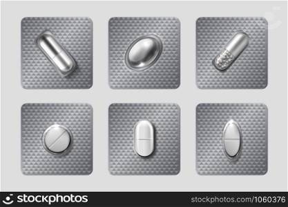 Realistic pill blisters set. Medicine capsule and pills in blister pack. 3D illustration chemicals drugs and medicine vitamins isolated vector mockup pharmaceutical capsules. Realistic pill blisters set. Medicine capsule and pills in blister pack. 3D drugs and vitamins isolated vector mockup