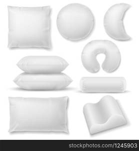 Realistic pillow. Different shaped soft white pillows, comfort orthopedic textile cotton cushions for sleep and rest template for healthy sleeping vector set. Realistic pillow. Different shaped soft white pillows, comfort orthopedic cushions for sleep and rest template for healthy sleeping vector set