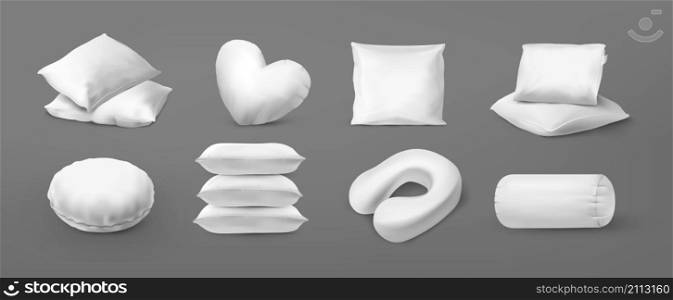 Realistic pillows.White blank mockup of sofa cushion and bed pillows for bedroom interior.circle round square orthopedic and pillow for neck.Vector interior textile illustration set pillows. Realistic pillows.White blank mockup of sofa cushion and bed pillows for bedroom interior.circle round square orthopedic and pillow for neck.Vector isolated set