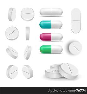Realistic Pills And Drugs Set Vector. Painkiller, Pharmaceutical Antibiotics. Isolated Illustration. Capsule Pills And Drugs Set Vector. Pharmaceutical Drugs And Vitamin. Isolated On White Illustration