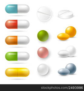 Realistic pills and granules in different colors icons set isolated vector illustration . Pills Icons Set