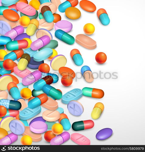 Realistic Pills Background. Realistic pills and medicine in different colors and shape background vector illustration