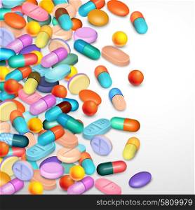 Realistic Pills Background. Realistic pills and medicine in different colors and shape background vector illustration