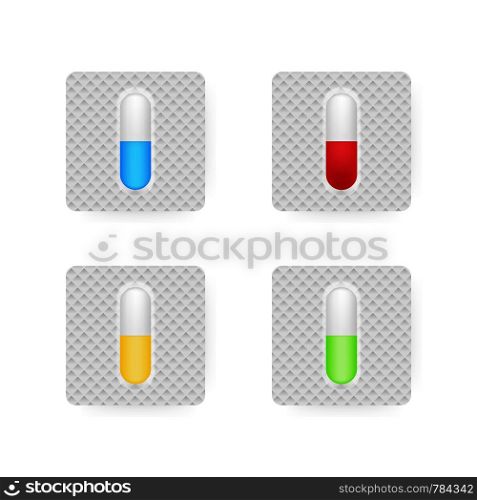 Realistic pills blister with capsules on white background. Realistic mock-up of pills packaging medicines, tablets, capsules. Vector illustration.. Realistic pills blister with capsules on white background. Realistic mock-up of pills packaging medicines, tablets, capsules. Vector stock illustration.