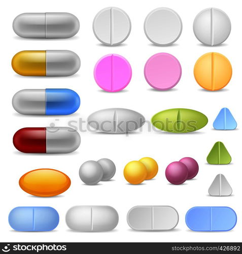 Realistic pills icons. Medicines tablets capsules drugs painkillers antibiotics vitamins. Pharmaceutical color round treatment, vector set. Realistic pills icons. Medicines tablets capsules drugs painkillers antibiotics vitamins. Pharmaceutical treatment, vector set