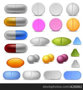 Realistic pills icons. Medicines tablets capsules drugs painkillers antibiotics vitamins. Pharmaceutical color round treatment, vector set. Realistic pills icons. Medicines tablets capsules drugs painkillers antibiotics vitamins. Pharmaceutical treatment, vector set